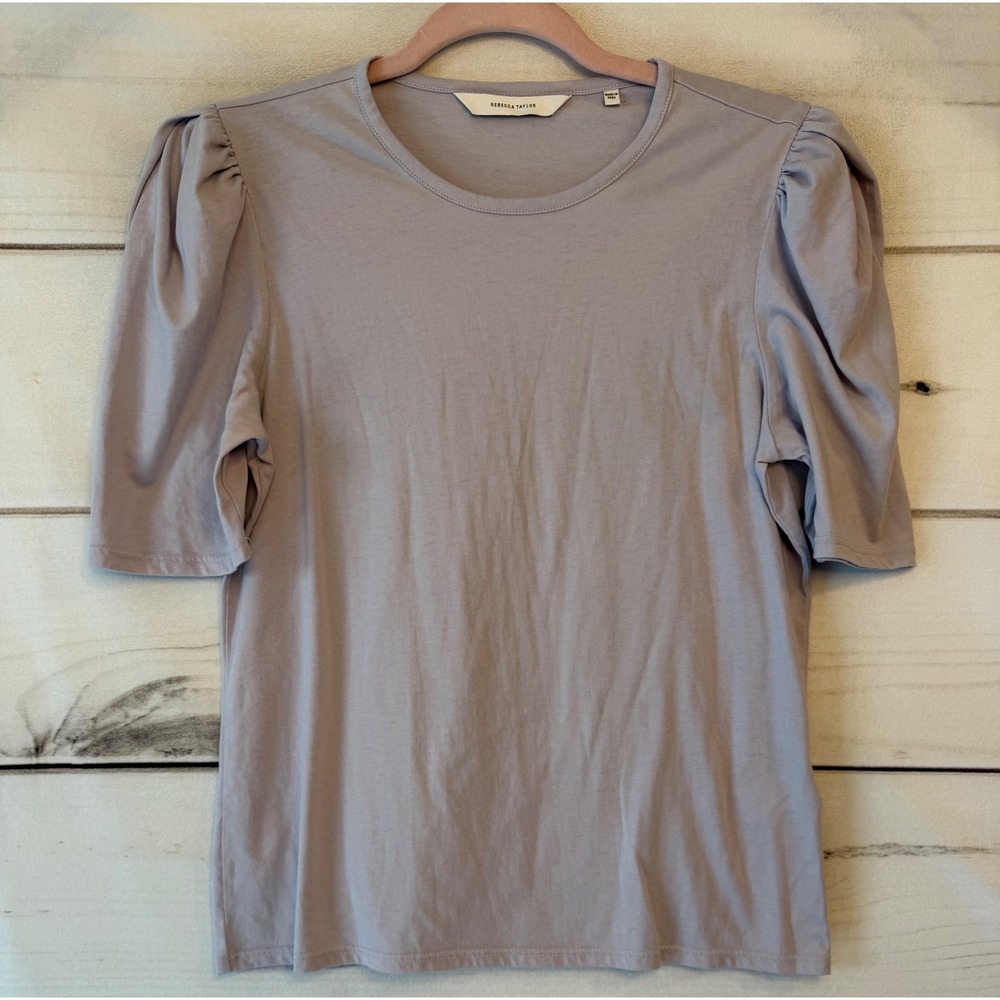 Rebecca Taylor Lavender Grey Puff Sleeve Cotton Blend T-Shirt Small 122389K030